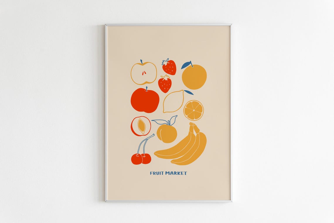 Fruit Market Colorful Hand Drawn Fruit Bunch Illustration Wall Art - Image 2
