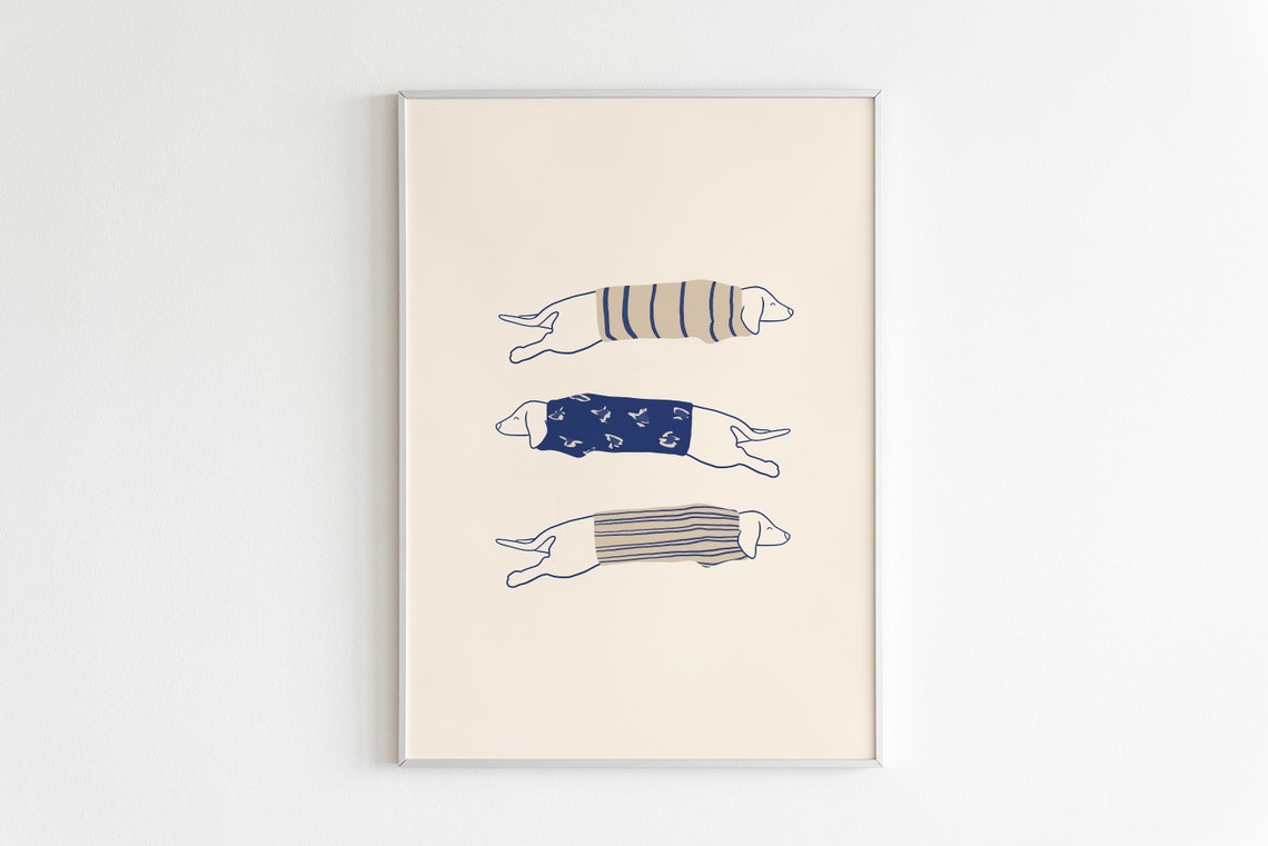 Cute Dachshunds in Knitted Sweaters Minimalist Dog Line Art Poster