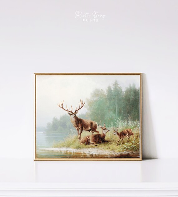 Stag At A Lake Vintage Deer Painting Red Deer Doe Fawn Misty Lakeshore Poster