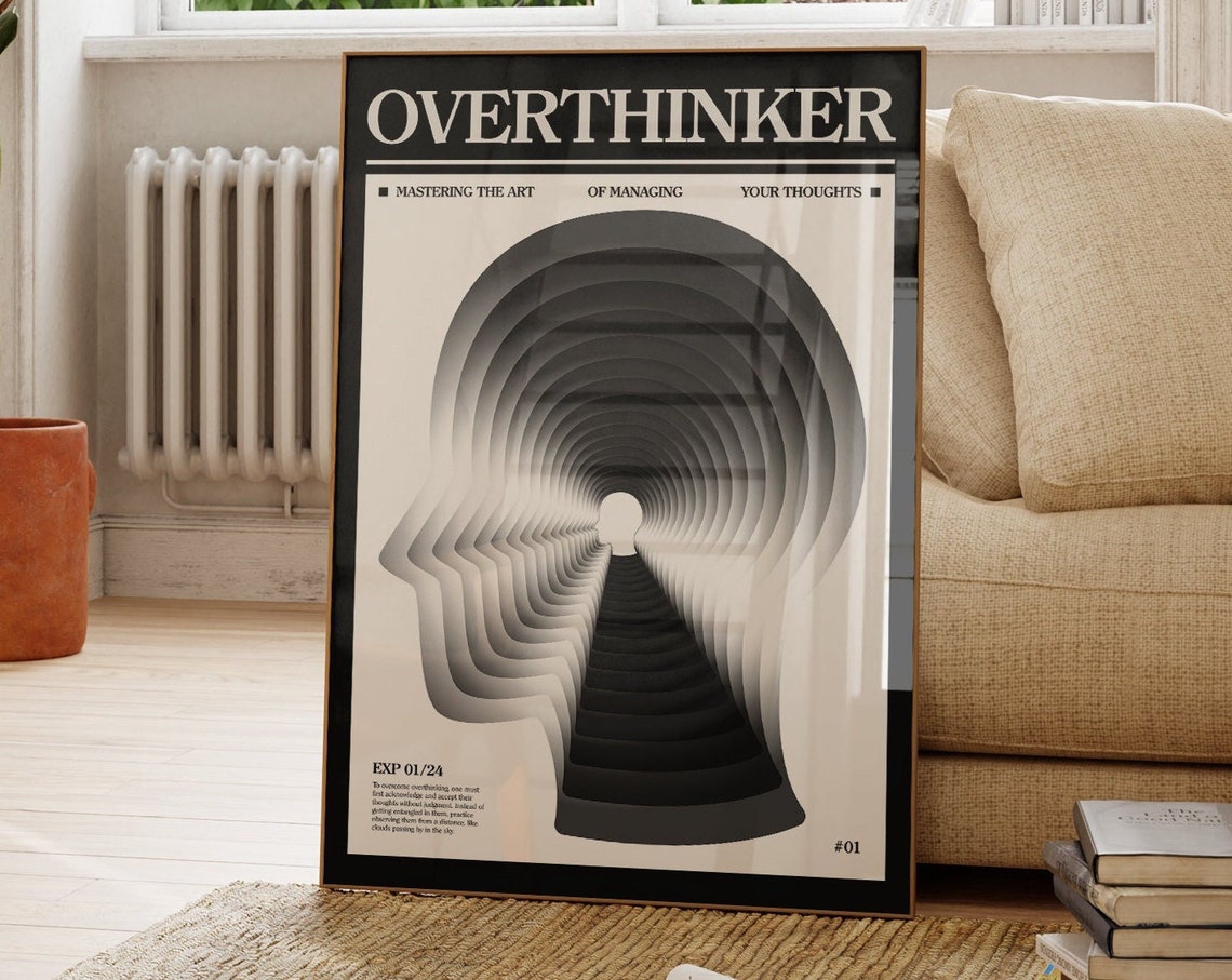 Overthinker Mind Optical Illusion Head Black White Art Poster - Image 2