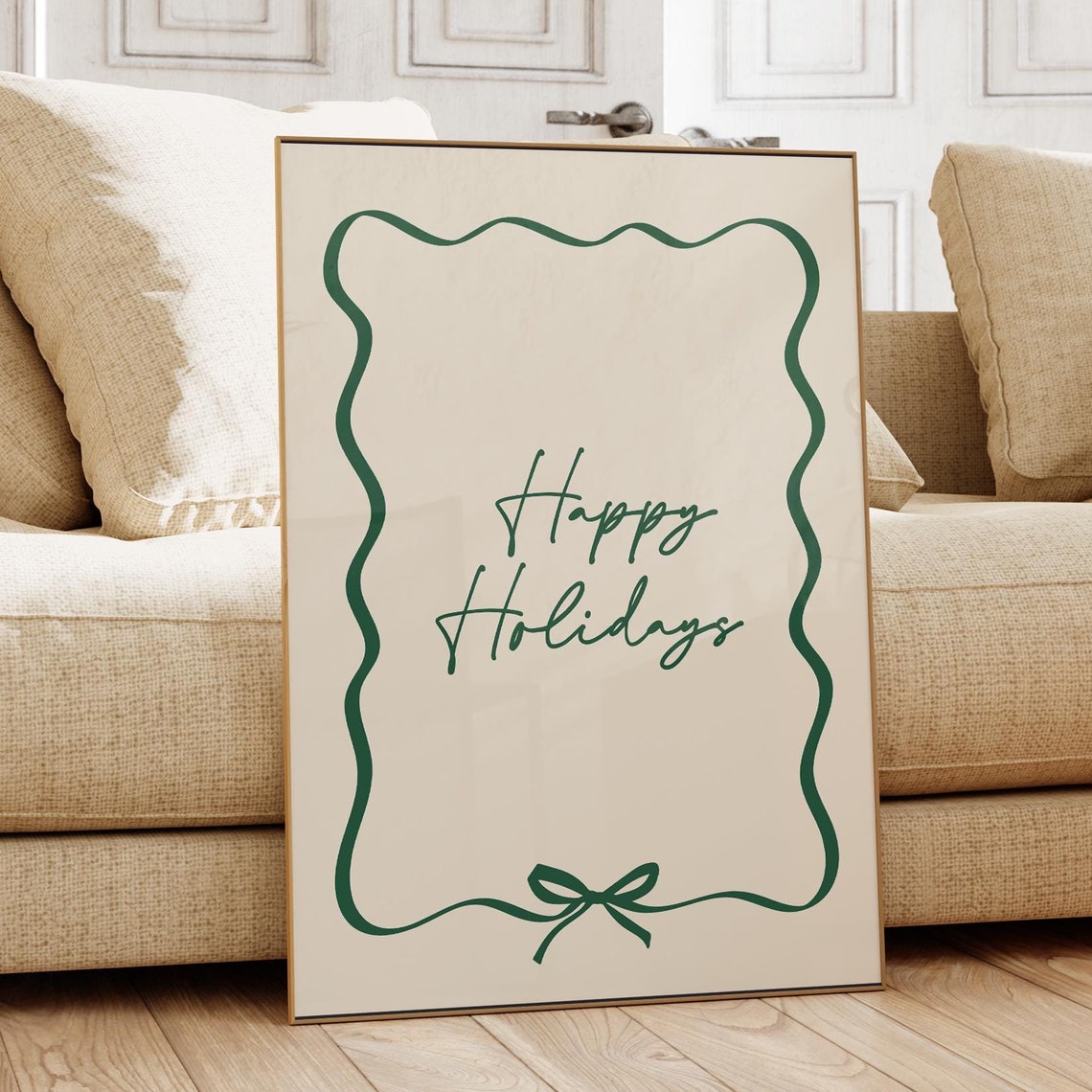 Happy Holidays Green Script Festive Wavy Border Christmas Poster