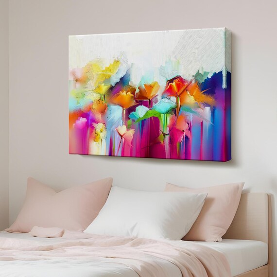 Colorful Abstract Flowers Oil Painting Look Modern Floral Canvas Wall Art