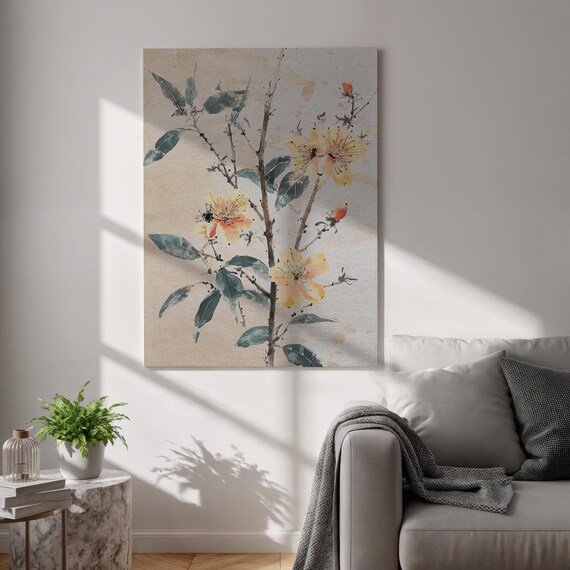 Soft Delicate Yellow Blossom Botanical Ink Wash Minimalist Wall Art