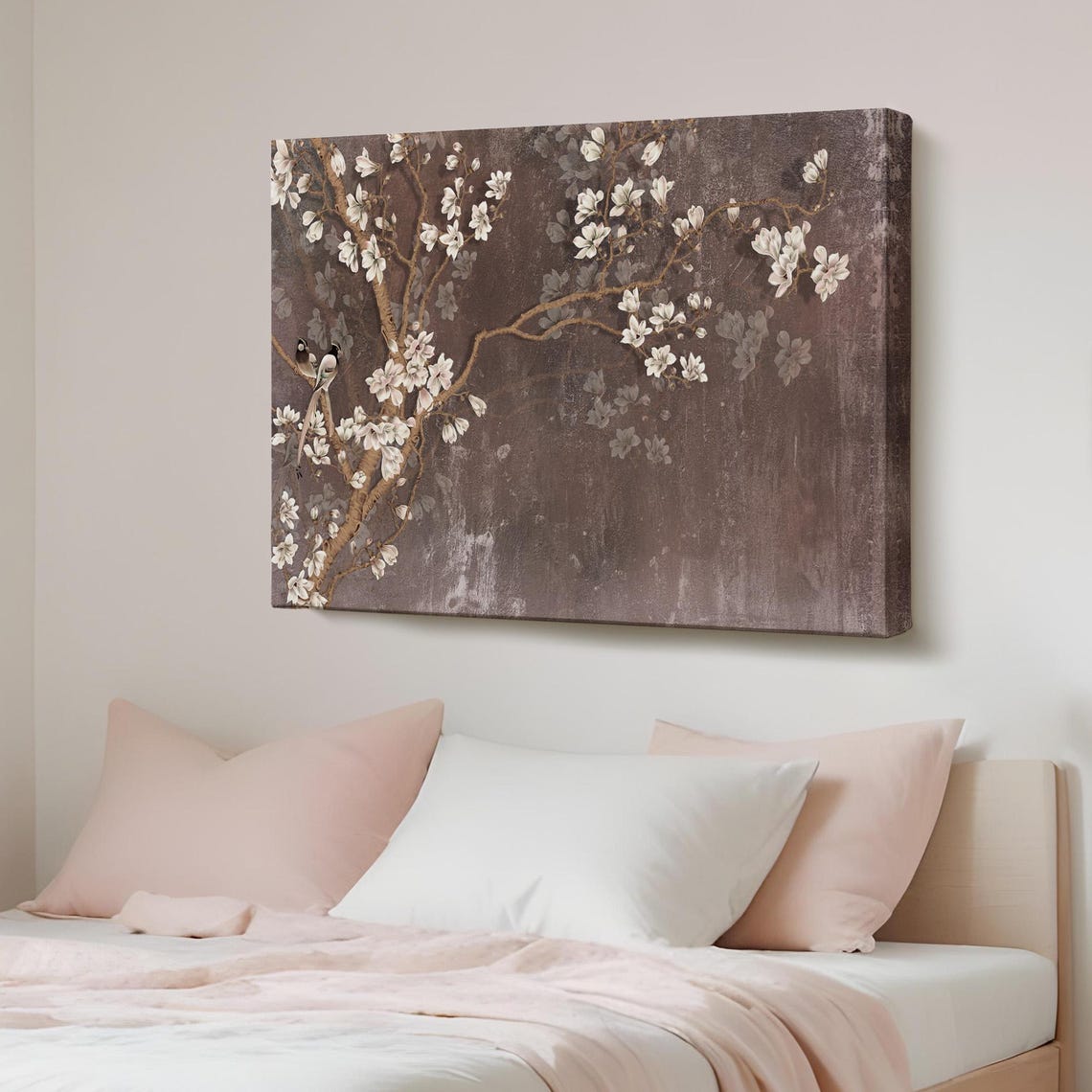 White Blossom Branches Dark Brown Vintage Floral Canvas Poster