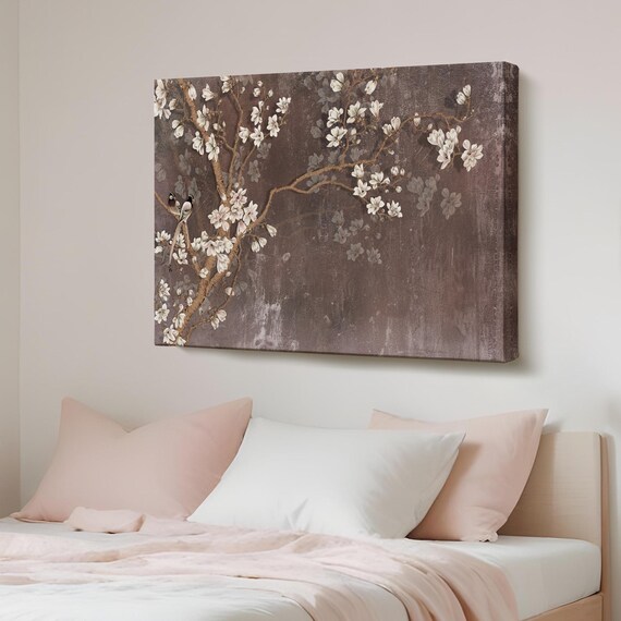 White Blossom Branches Dark Brown Vintage Floral Canvas Poster