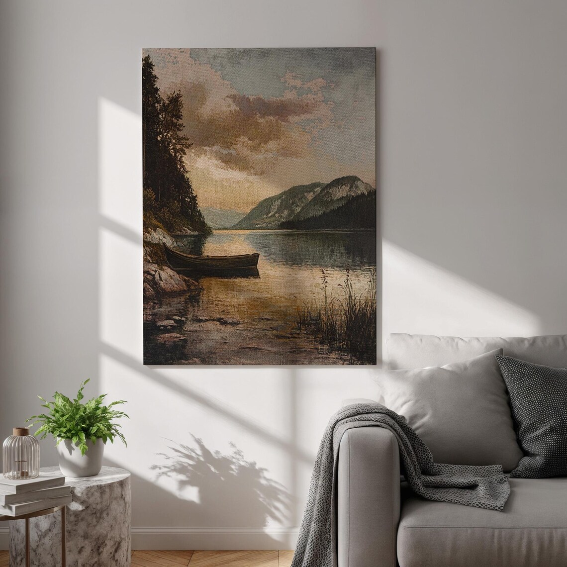 Moody Lake Canoe Dusk Reflection Vintage Dark Painting Poster