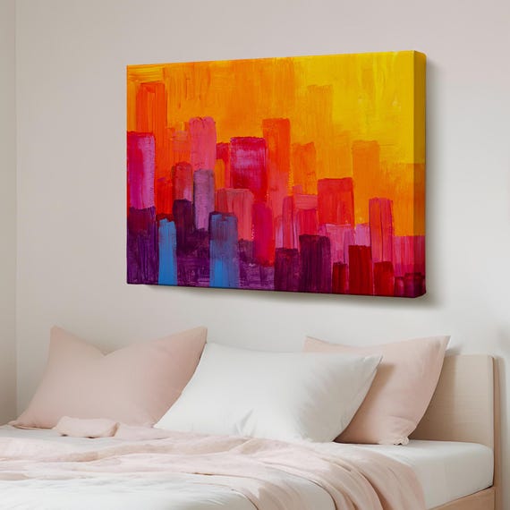Colorful City Silhouette Canvas Wall Art Housewarming Gifts Large Abstract Modern Decor Framed