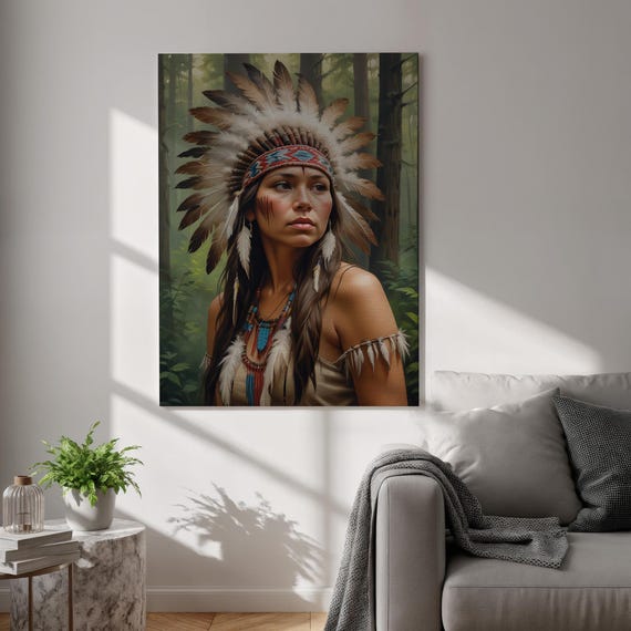 Tribal Woman Canvas Wall Art Spiritual Forest Portrait Print Realistic Native Inspired Artwork Framed Ethnic Decor For Home And Studio