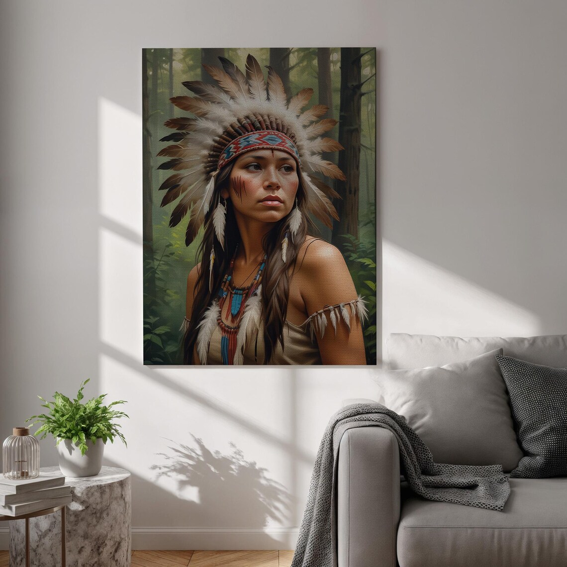 Tribal Woman Feather Headdress Forest Portrait Spiritual Art Poster