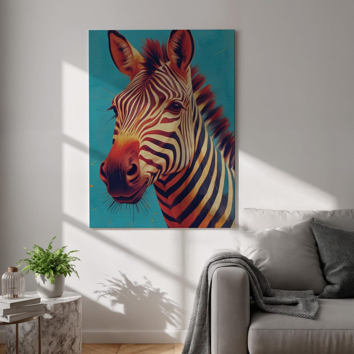 Colorful Zebra Portrait Teal Background Bold Stripes Animal Poster