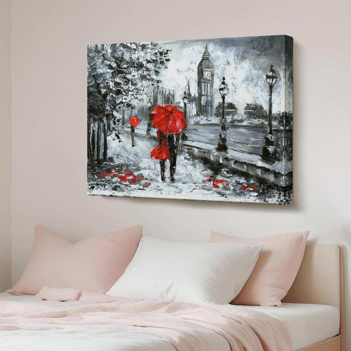 London Big Ben Red Umbrella Couple Monochrome Street Oil Poster