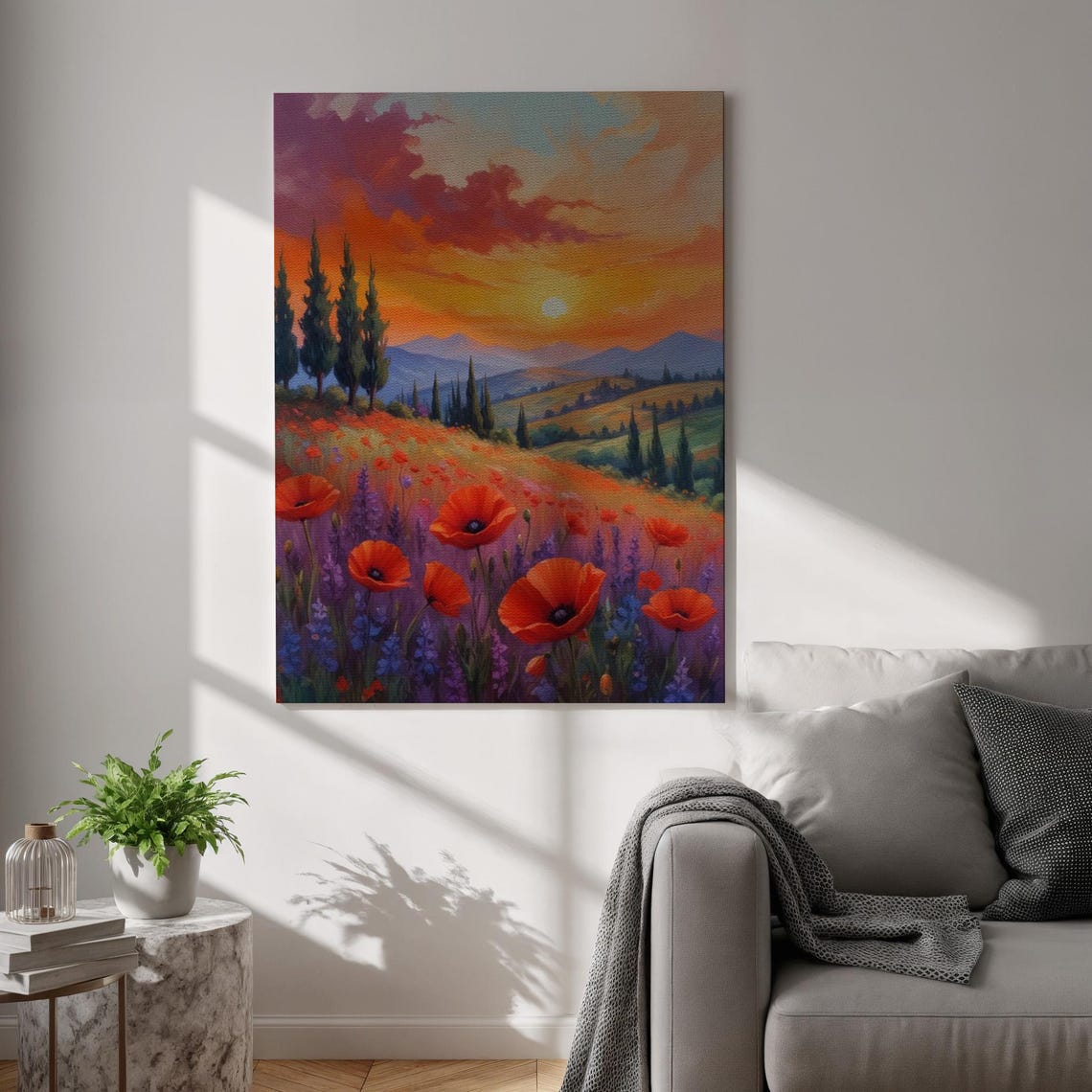Tuscan Sunset Poppy Field Hills Cypress Trees Canvas Style Poster