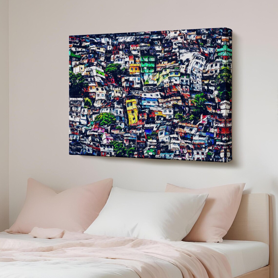 Abstract Colorful Cityscape Crowded Houses Impasto Oil Painting Poster