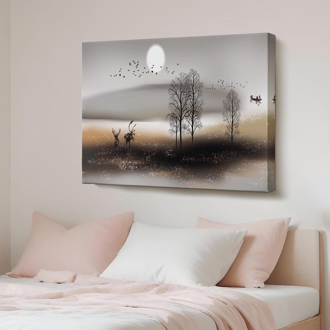 Misty Lakeside at Dawn with Deer and Moon Serene Landscape Poster