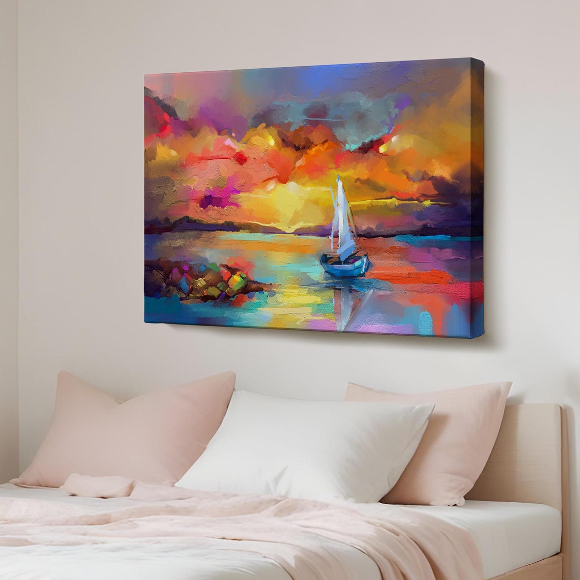 Lone Sailboat on Calm Sea Fiery Sunset Colorful Ocean Canvas Print