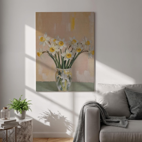 Vintage Daffodils Bouquet Ceramic Vase Soft Floral Still Life Art Poster