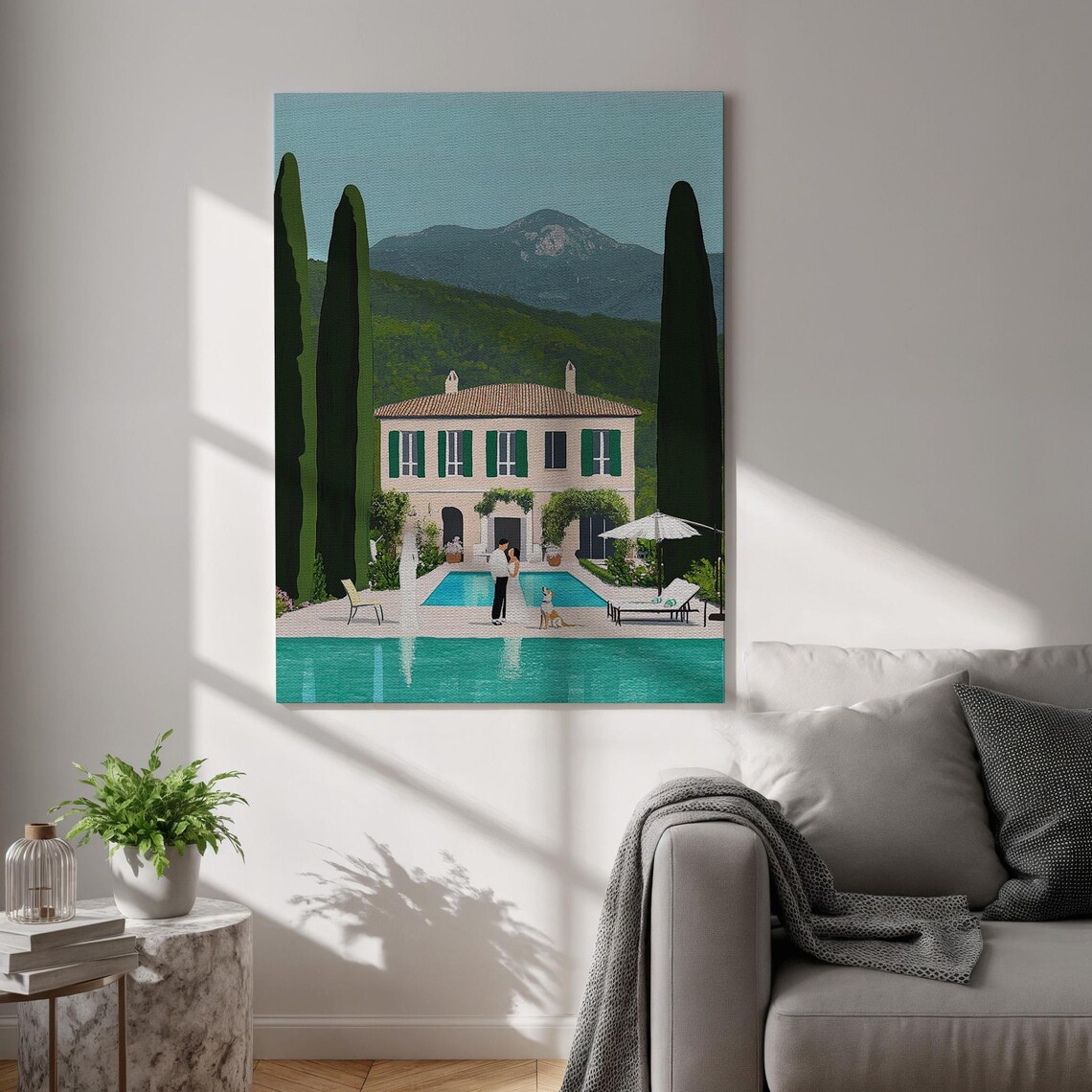 Mediterranean Villa Poolside Couple With Dog Cypress Trees Luxury Poster