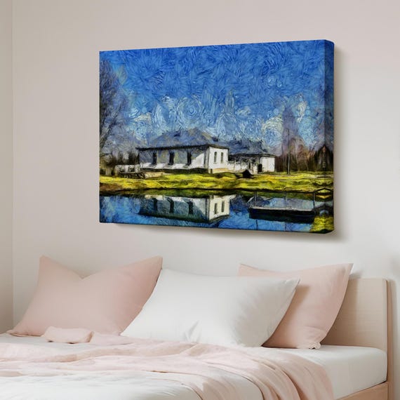 Village House By The Lake Decorative Wall Art Landscape Canvas Table Nature Decor Print