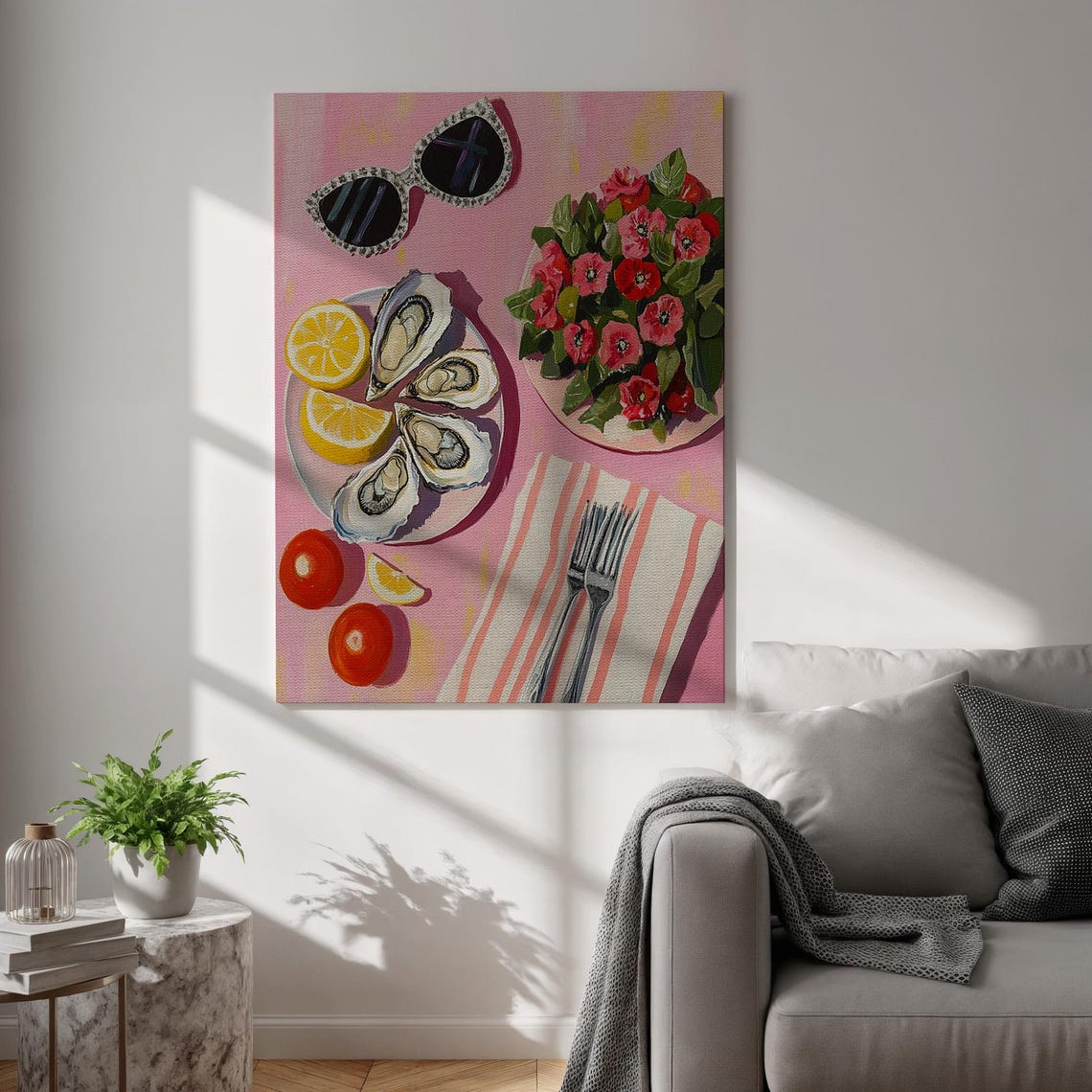 Oysters Lemon Flowers Pink Background Coastal Food Art Poster