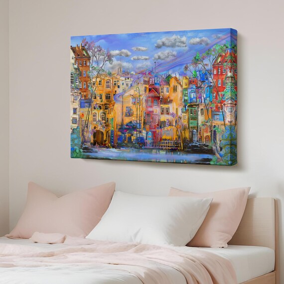 Bright Colorful European Old Town Street Oil Painting Poster