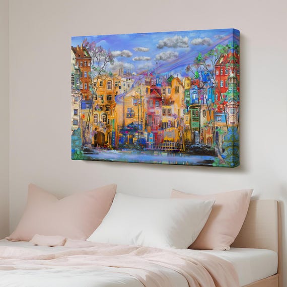 Old European Town Oil Painting Look Decorative Canvas Wall Art Housewarming Gift Framed For Home Decor
