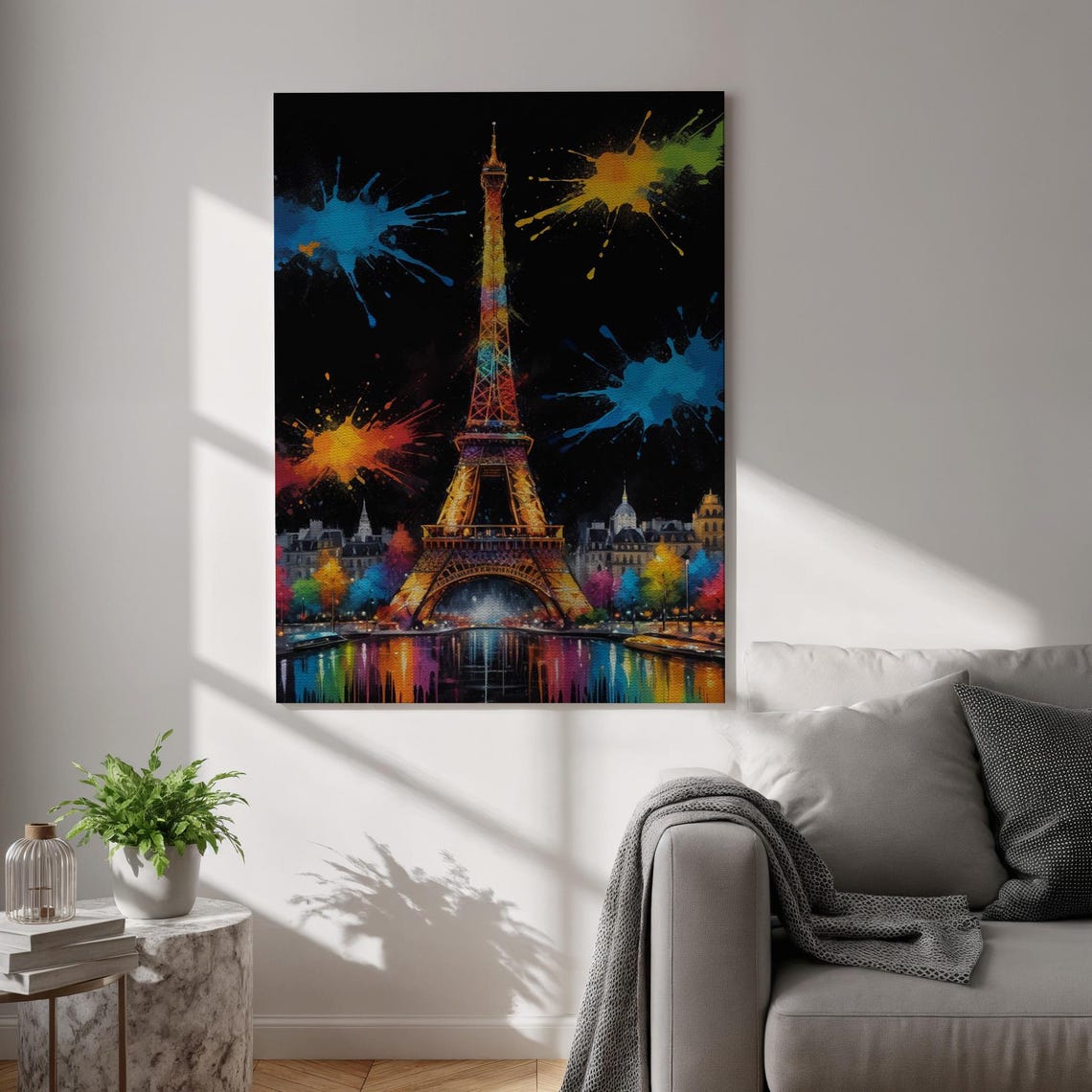 Eiffel Tower Night Rainbow Splash Paint Paris Landmark Poster