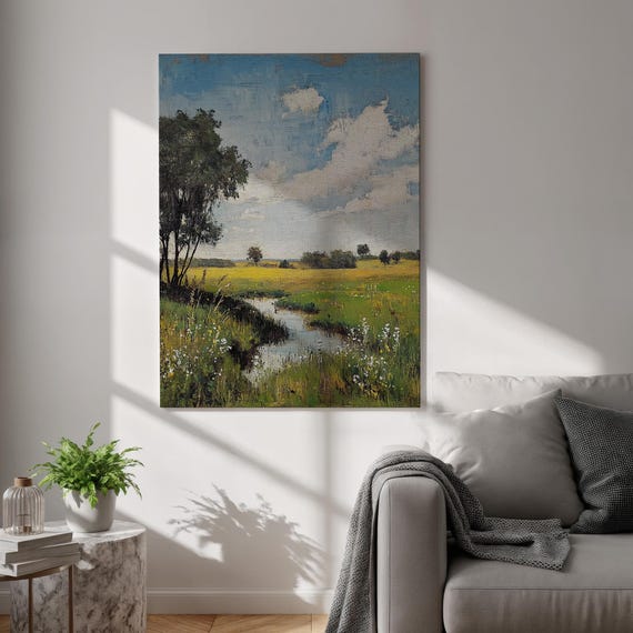 Landscape Canvas Wall Art With River Stream Green Field Nature Scene Country Style Painting For Rustic Kitchen Or Entryway Decor