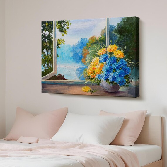 Colorful Flower Bouquet Window Sill Lake View Oil Style Art Poster