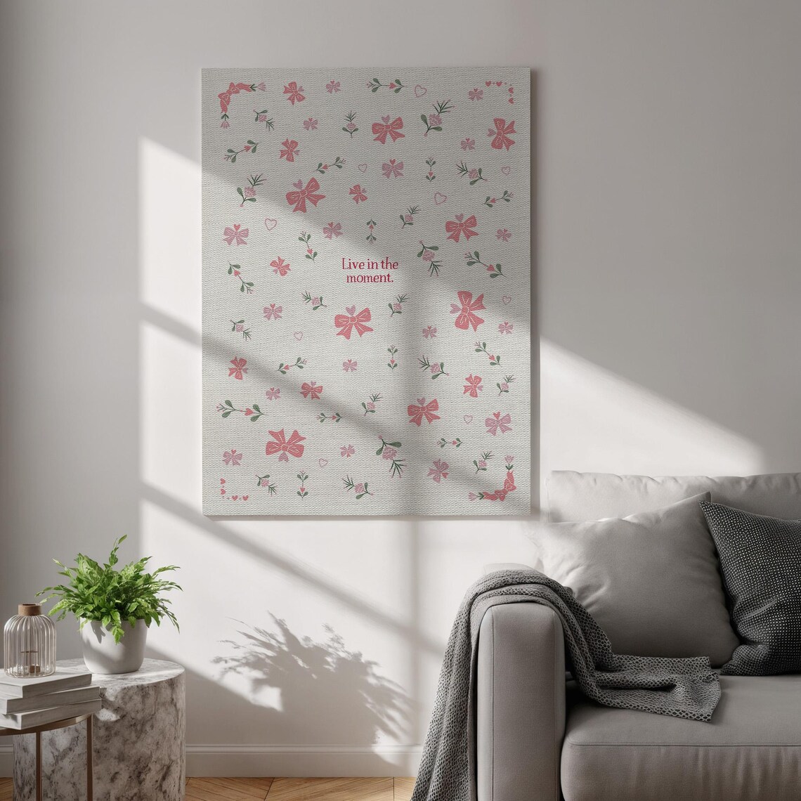 Live In The Moment Pink Bows Floral Quote Minimal Canvas Art Poster