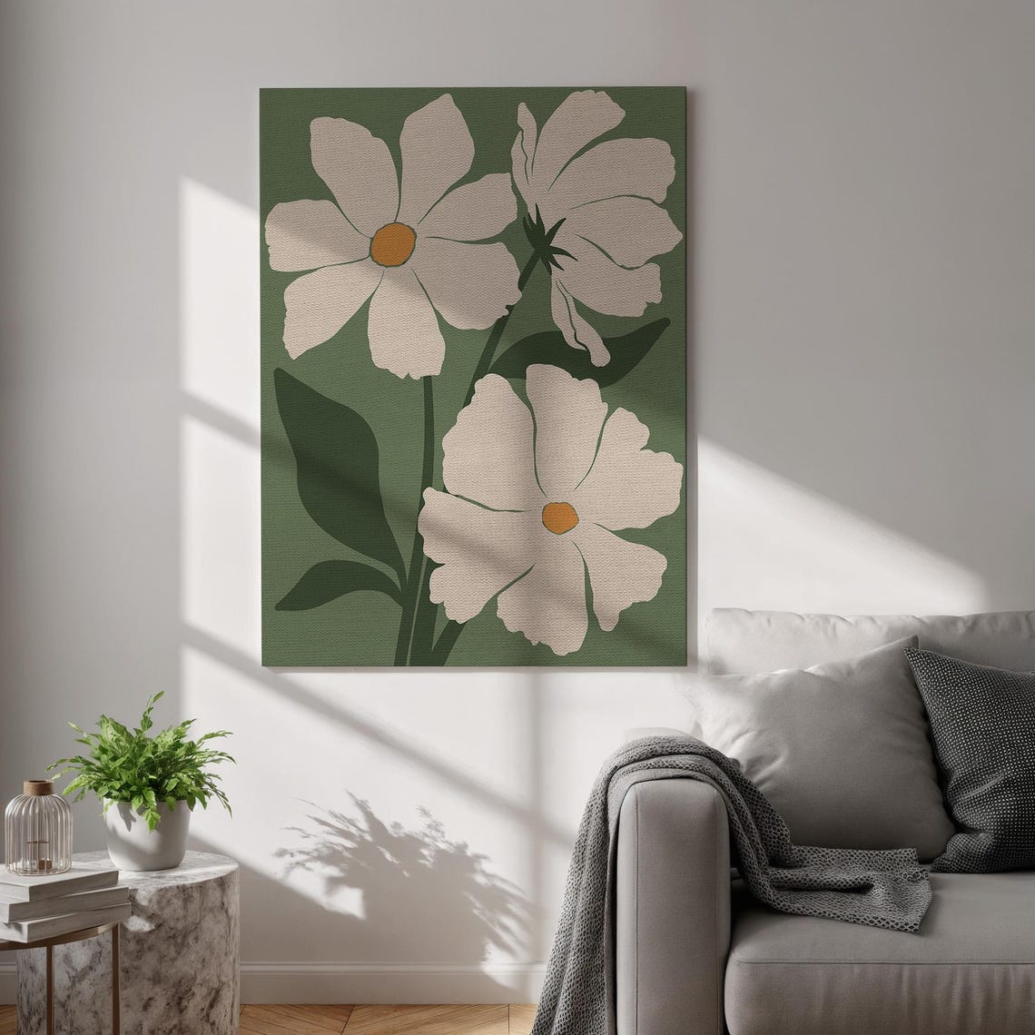 White Daisies Sage Green Minimalist Floral Botanical Wall Art