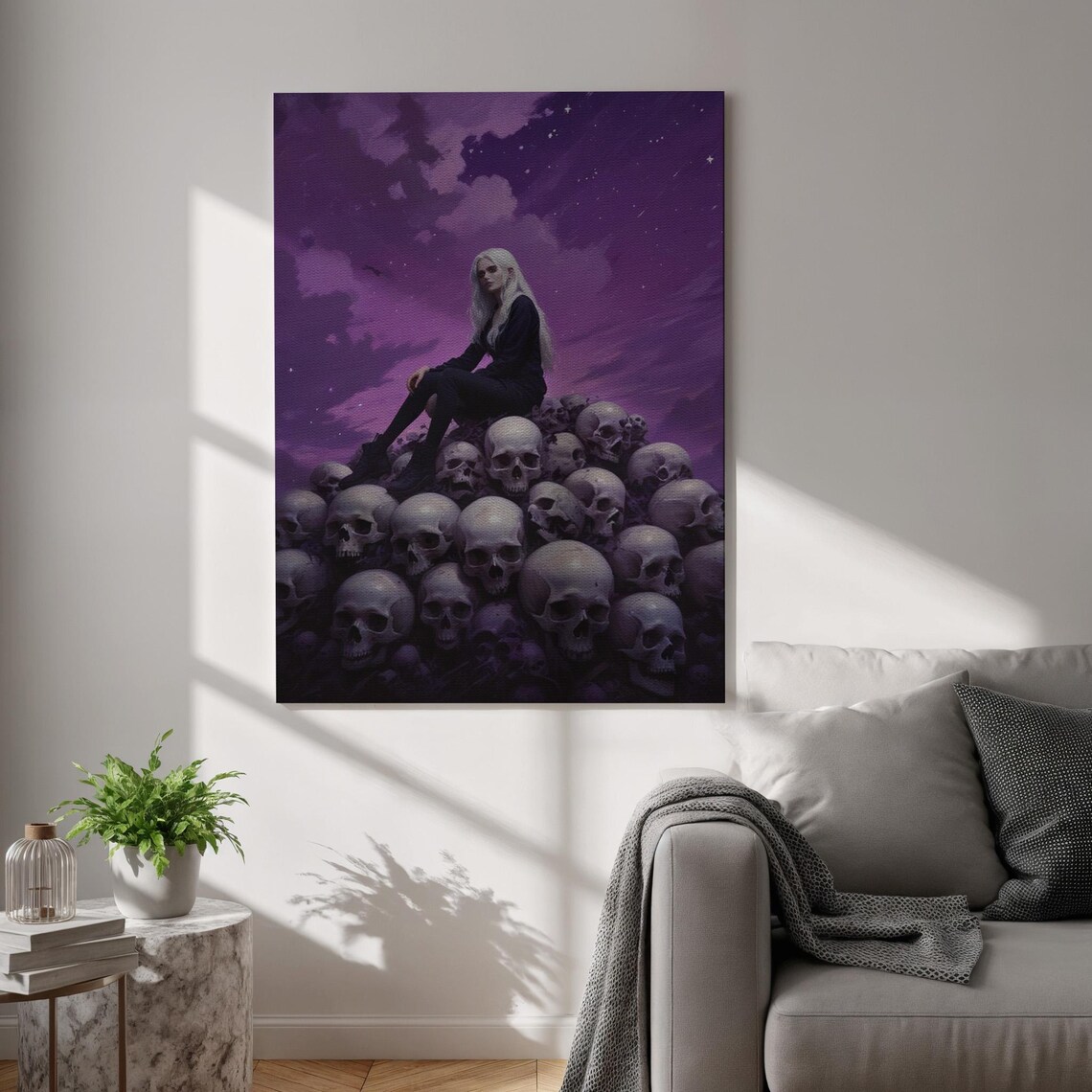 Gothic Woman on Skulls Purple Night Sky Dark Fantasy Art Poster