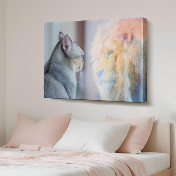 Small Cat Seeing Lion in Mirror Believe in Yourself Canvas Poster