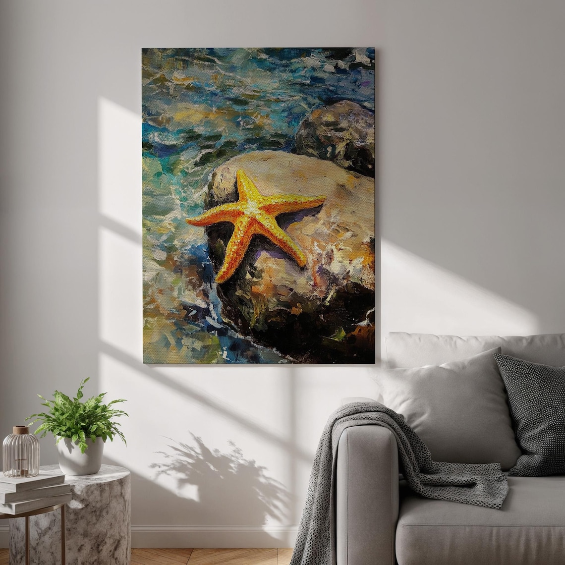 Starfish on Rock Turquoise Sea Oil Painting Coastal Beach Wall Art