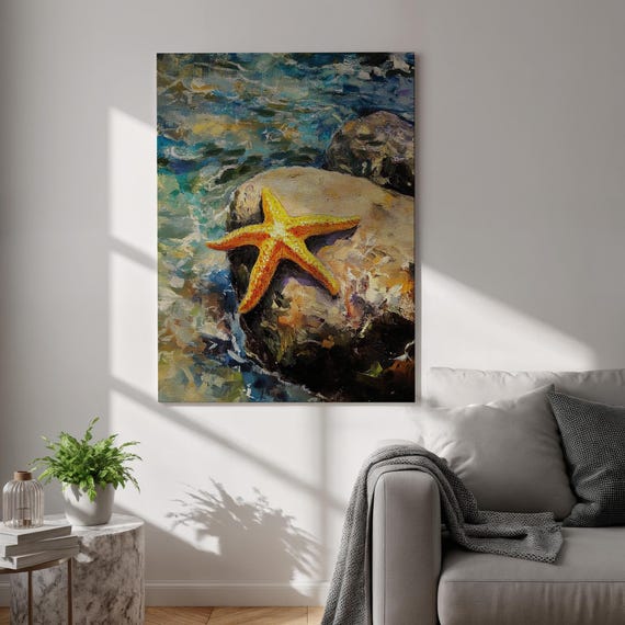 Coastal Starfish Canvas Ocean Rock Beach Painting Nautical Sea Life Wall Art Vibrant Shoreline Print Relaxing Seaside Home Decor