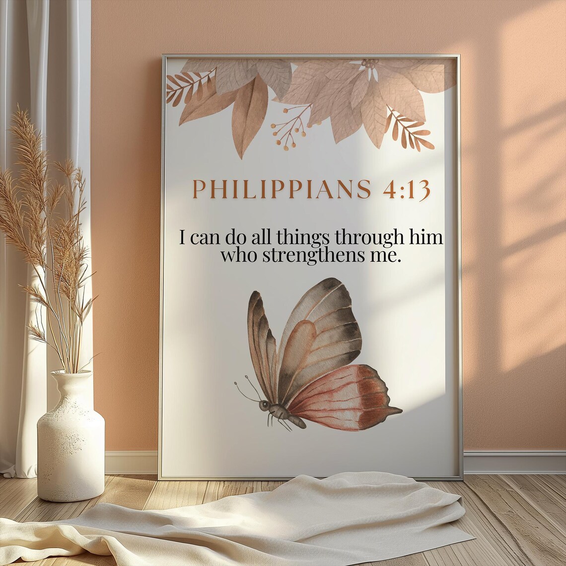 Philippians 4 13 Bible Verse Butterfly Watercolor Poster Faith Quote Art