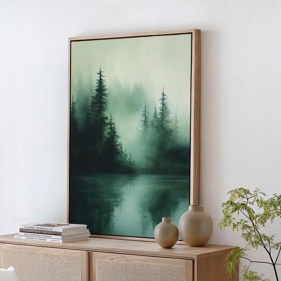 Serene Foggy Forest Wall Art Tranquil Green Woodland Scene For Modern Home Decor Nature Inspired Artwork