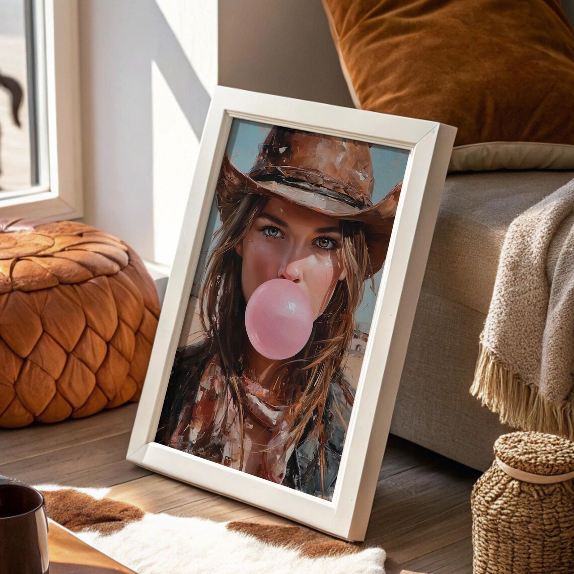 Cowgirl Blowing Pink Bubblegum Hat Portrait Modern Western Poster