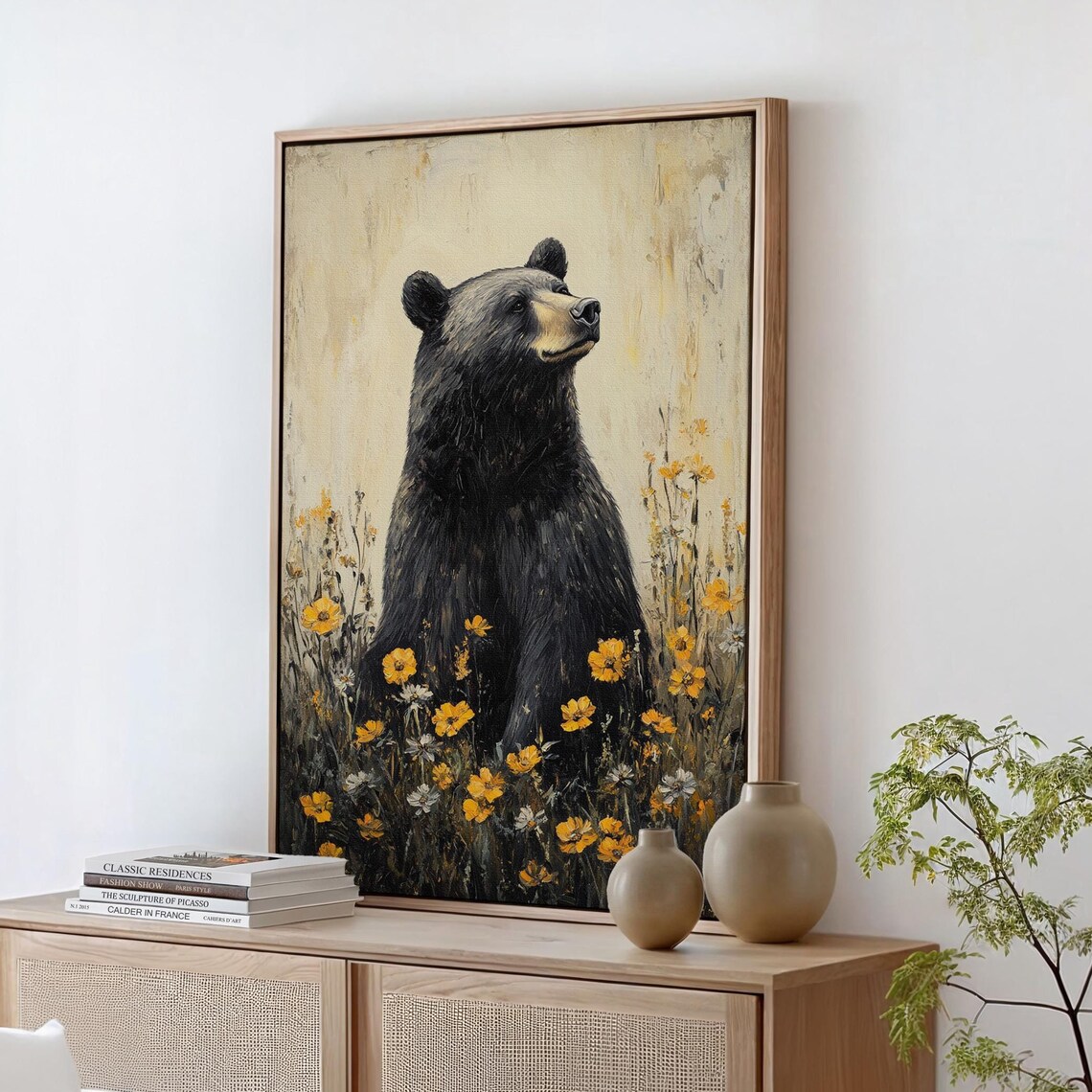 Black Bear Amid Golden Wildflowers Rustic Art Print