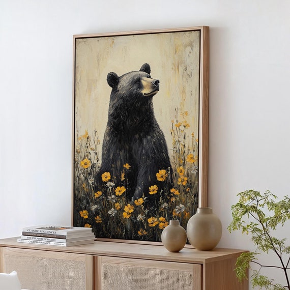 Black Bear Amid Golden Wildflowers Rustic Art Print