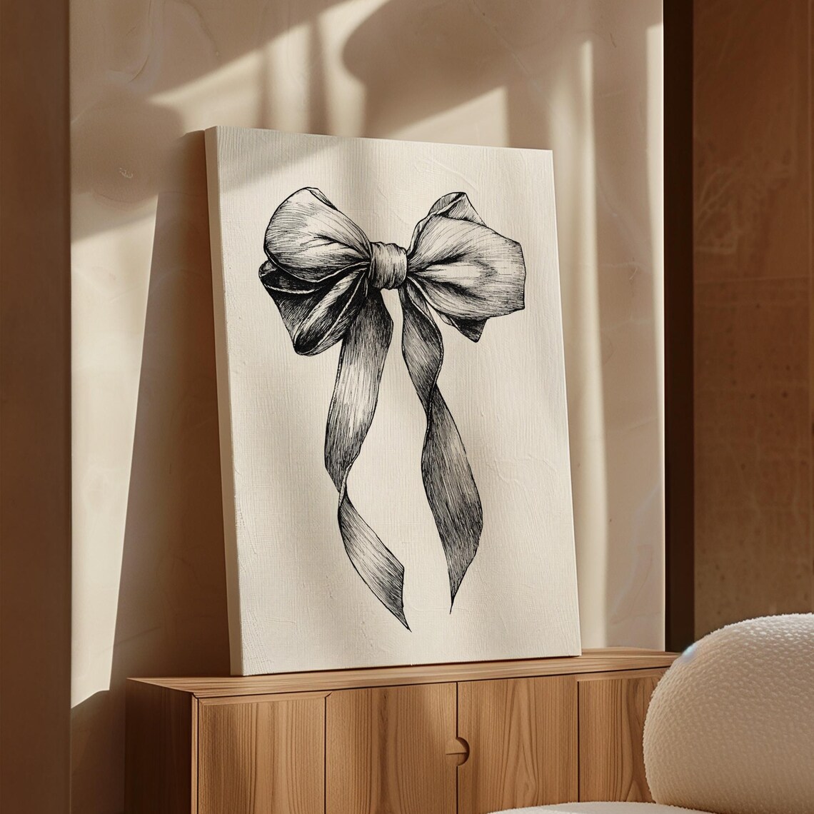 Vintage Ribbon Bow Sketch Black And White Minimalist Wall Art
