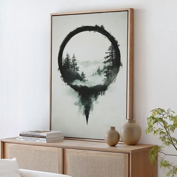 Enso Circle Forest Japanese Ink Art Minimalist Zen Wall Decor Misty Mountain Landscape Monochrome Nature Print