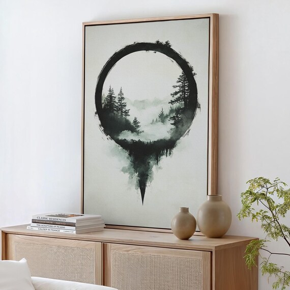 Enso Circle Misty Pine Forest Japanese Ink Wash Zen Wall Poster