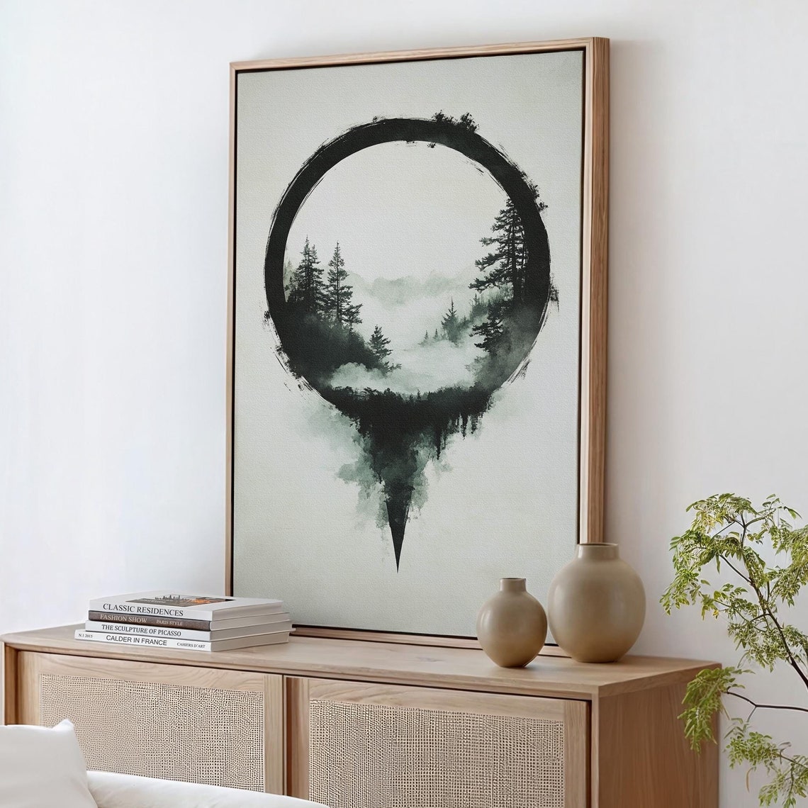 Enso Circle Misty Pine Forest Japanese Ink Wash Zen Wall Poster