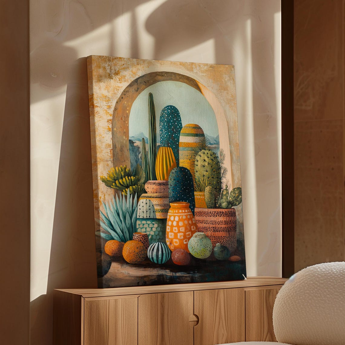 Colorful Patterned Cacti And Pots In Golden Stone Archway Poster