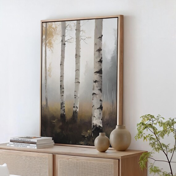 Misty Birch Forest Autumn Morning Calm Neutral Tones Wall Art