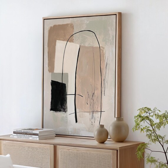 Neutral Abstract Art Minimalist Modern Wall Decor With Beige Black And Line Design Geometric Contemporary Painting