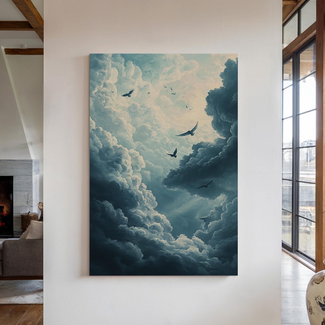 Soaring Birds In Dramatic Billowing Teal Clouds Ethereal Sky Poster