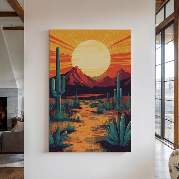 Desert Sunset Cactus Print Bold Southwest Landscape Wall Art Vibrant Desert Scene Cactus Artwork For Southwestern Decor