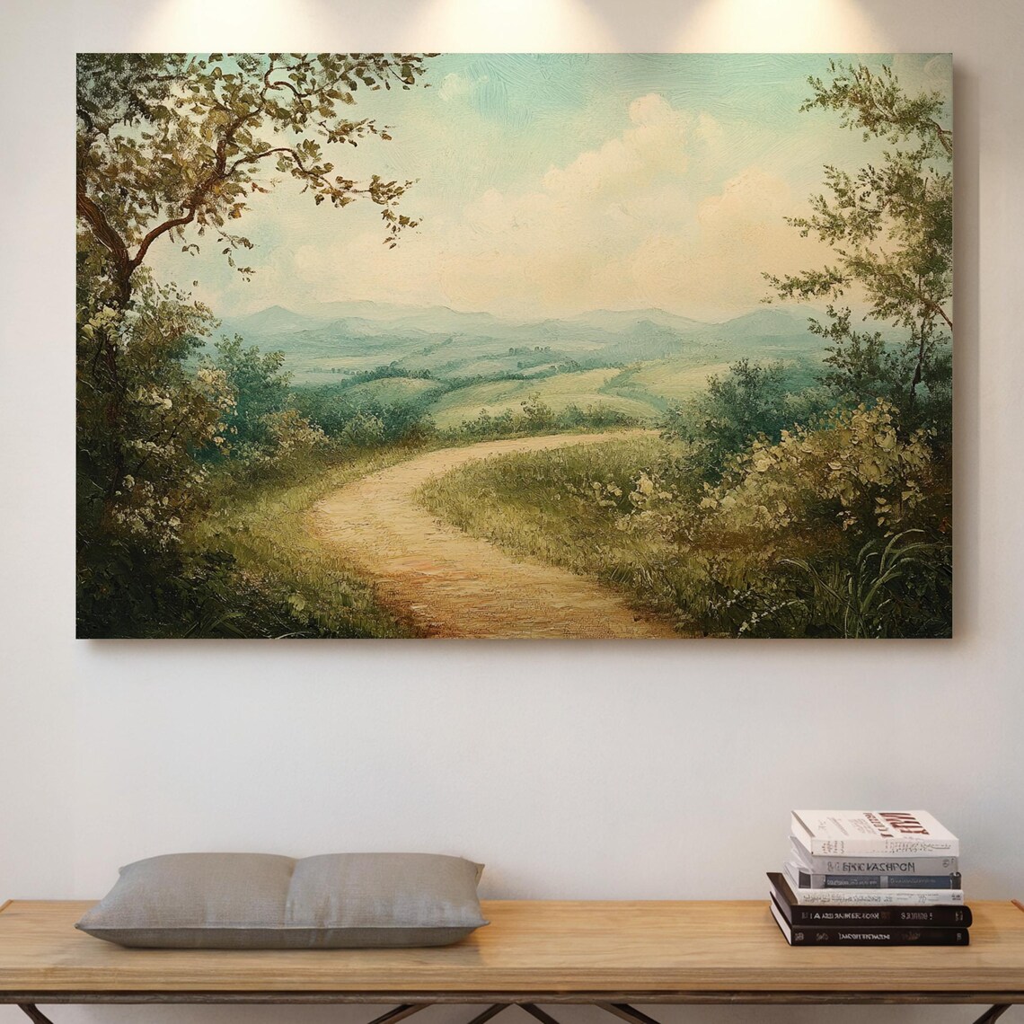 Winding Country Path Rolling Green Hills Vintage Landscape Poster
