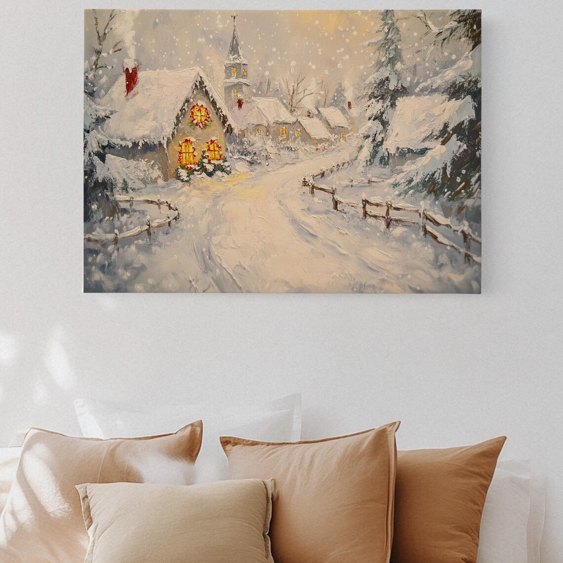 Snowy Christmas Village Church Glowing Cottage Winter Scene Poster